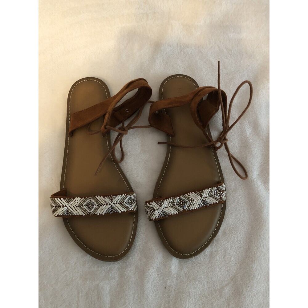 Old Navy Womens Sandals 8 Brown Gladiator Roman Boho Beaded Cottagecore‎ Aztec